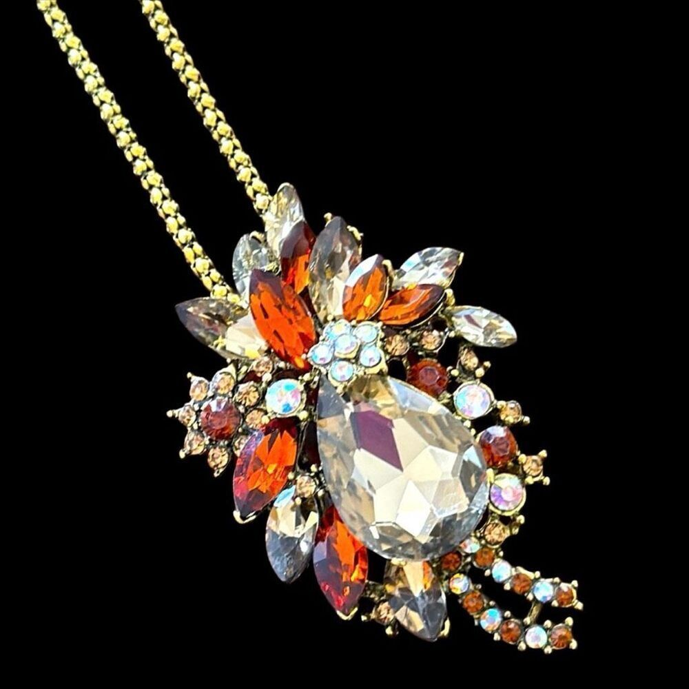 Betsey Johnson Large Amber & Aurora Borealis Statement Pendant Necklace